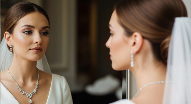Elegant bride with makeup and jewelry looking at her reflection in a mirror. Wedding day preparation and contemplation. Bridal beauty and luxury concept