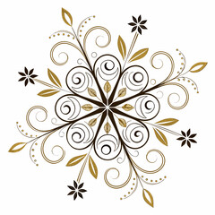 Elegant brown and gold floral snowflake design with swirling vines and delicate leaves on a white background