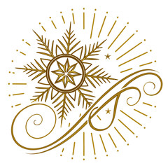 Elegant golden snowflake with swirling decorative elements and radiating lines on a white background