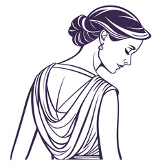 Elegant woman with her head bowed wearing a draped gown and a classic updo hairstyle
