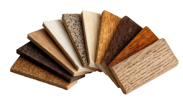 Wood and stone sample swatches in a fanning arrangement