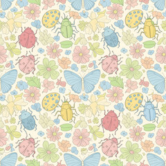 Cute Cartoon pastel ladybugs, butterflies, beetles, flowers, seamless pattern