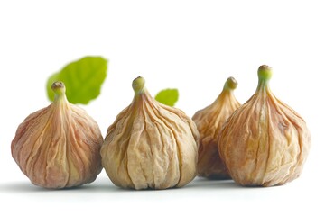 Obraz premium Dried figs with green leaves on a light background for healthy food themes and cooking inspiration