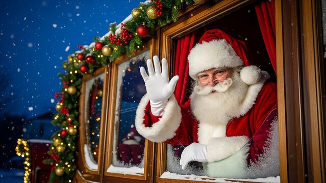 Santa Claus waves from a decorated train window at night, with Christmas decorations and falling snow.