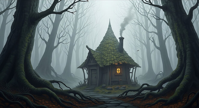 A spooky house with a green roof in a foggy forest with bare trees and visible roots all around it ai generated - Powered by Adobe