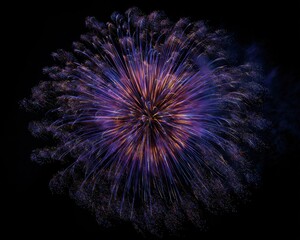 Celestial Peony Firework Explodes in a Radiant Sphere of Purple and Orange Against the Night Sky.