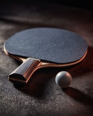 Close-up of a Table Tennis Paddle and Ball on a Textured Surface, Dramatic Lighting.