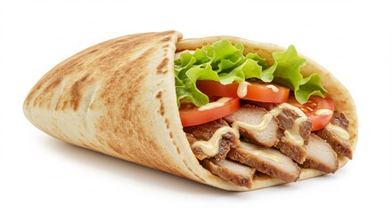 明るいスタジオライトに照らされ香ばしいチキンと新鮮野菜がたっぷりの食欲そそるチキンピタサンドクローズアップ. AI Generated