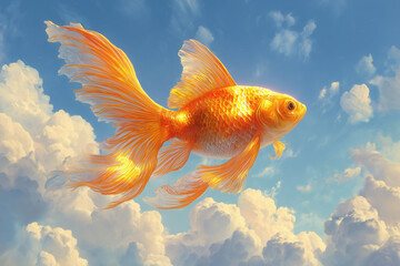 Golden Fish Soaring: A fantastical golden fish, radiating brilliance, gracefully ascends through a cloud-filled sky, evoking dreams, freedom and unbound potential.