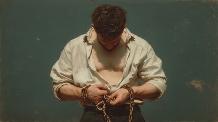 A man stands in a moment of deep emotional turmoil, holding broken chains as the sun sets behind him. The image symbolizes strength, liberation, and the silent suffering of male victims of domestic vi