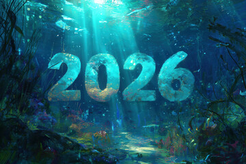 Underwater Future: A mesmerizing underwater scene unveils the year 2026, projected amidst a vibrant coral reef, schools of fish, and shimmering sunlight penetrating the deep blue ocean. 