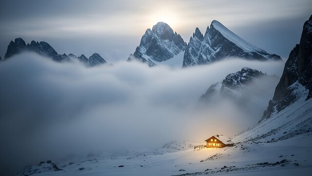 A lone cabin glows warmly amidst a sea of fog below towering, snow-capped mountain peaks at sunrise. - Powered by Adobe