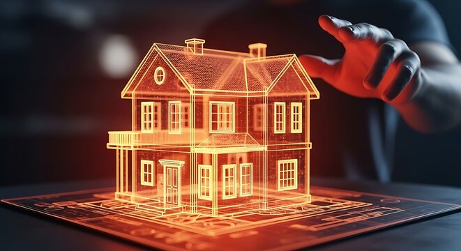 Hand interacting with a glowing 3D wireframe house model