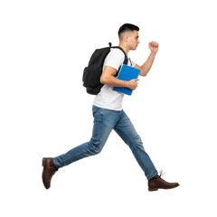 Fototapeta premium Dynamic student sprints forward with book against an isolated transparent background