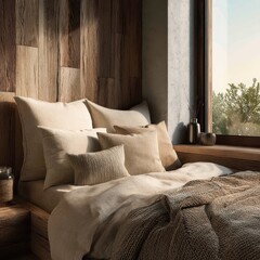 Cozy Bedroom Interior - Rustic Wood Wall, Soft Pillows, and Natural Light by Window.