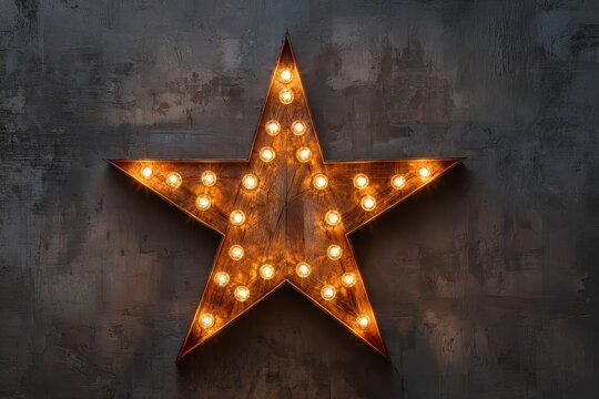 Broadway Stars. Large Wooden Star with Dazzling Lights in Loft Style Studio
