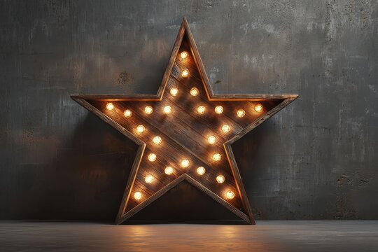 Broadway Stars. Large Wooden Star with Glowing Lights on Dark Concrete Background