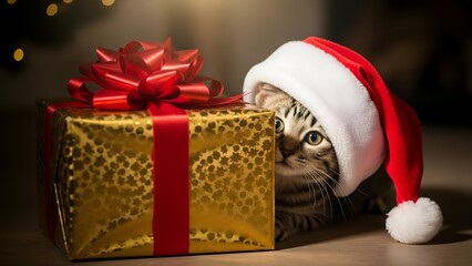 A tabby cat wearing a Santa hat peeks out from behind a golden gift box.