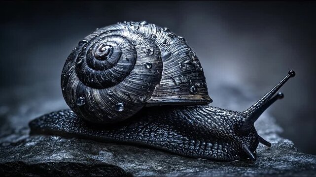 Close up image of snail showcasing textured shell details and eye stalks