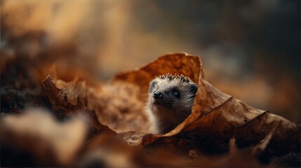 Small hedgehog resting on a large autumn leaf in a peaceful forest setting during fall season