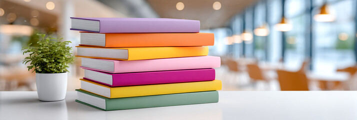Colorful stack of books in a modern cafe setting, with a small potted plant nearby, creating a vibrant and inviting atmosphere for reading and relaxation