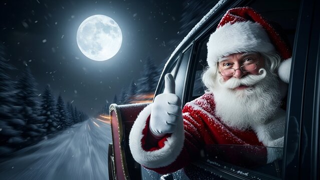 Santa Claus smiles and gives a thumbs up from his car, driving on a snowy road under a bright full moon.