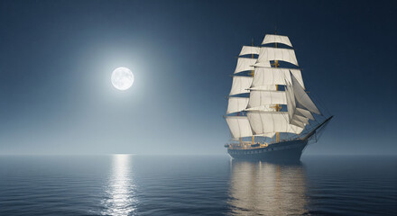 Sailing Ship Beneath Full Moon Over Calm Sea – Mystical Night Voyage