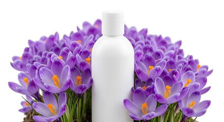 White cosmetic bottle surrounded by purple crocuses