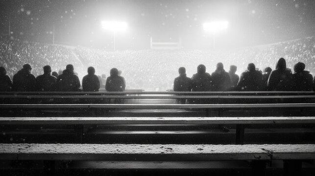 Audience silhouettes under bright stadium lights capture the excitement and anticipation of a live sports event.