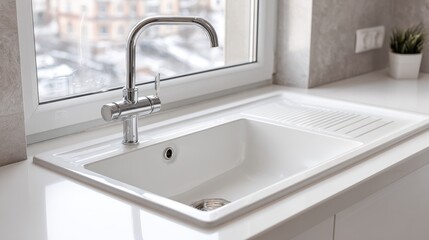 Built-In Sink. White Kitchen Sink and Tap Water in Bright, Clean Kitchen Interior