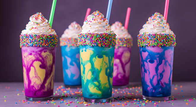 Massive milkshakes in glass cups, with shimmering whipped cream and neon sprinkles, each drink blending in colors like intergalactic gases in motion. - Powered by Adobe