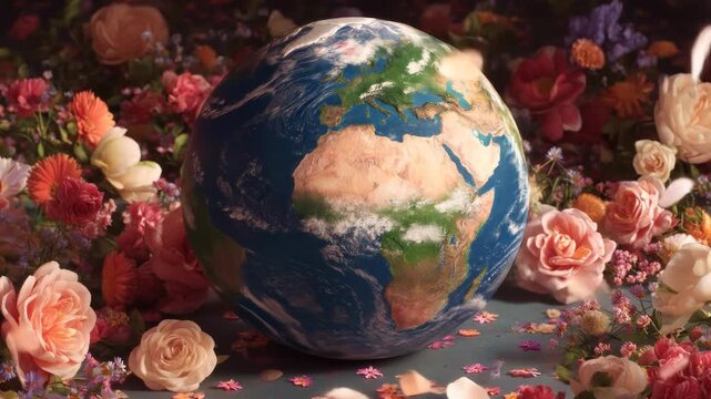 A globe, adorned with Earth, surrounded by a profusion of flowers in various colors and forms, creating a vibrant display