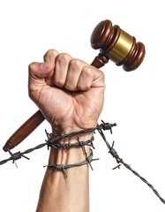 A clenched fist holding a gavel, bound by barbed wire