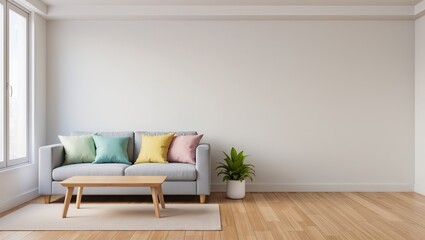 Bright modern living room interior featuring the light gray sofa featuring colorful cushions, wooden coffee table, potted plant, and natural daylight from large window
