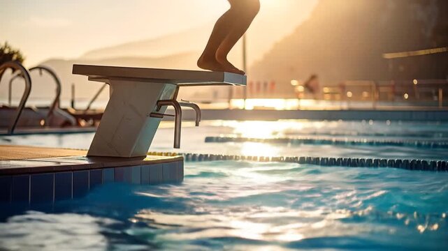 Swimming Pool Diving at Sunrise, Child Athlete Action