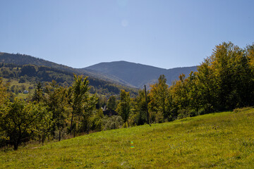 A green mountain landscape on a sunny day. Grassy hills and meadows of the Carpathian Mountains under a sky of glowing clouds.