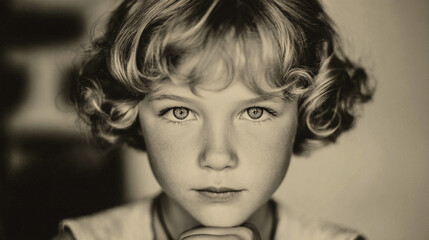 Close up portrait of a young child with curly blonde hair.