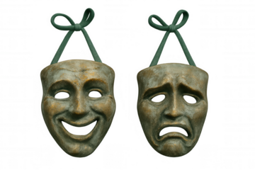 Theatre masks representing comedy and tragedy, symbolizing emotional duality, drama, and the performing arts, on a transparent background