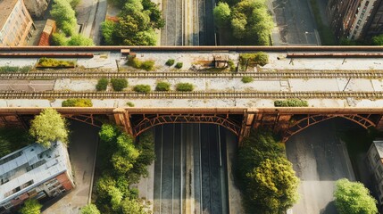 Post apocalyptic railway bridge with overgrown city decay
