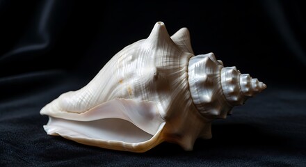 A large, ornate seashell against a dark background