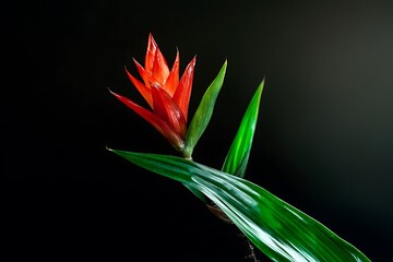 Bright Red Bromeliad Flower Blooming Amidst Lush Green Leaves on Dark Background