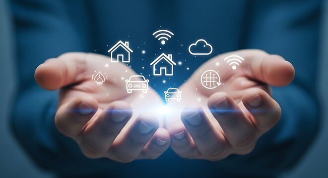 Hands Holding Smart Home and Car Icons cupped