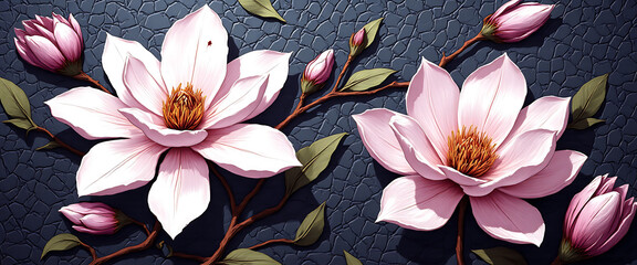 Luxury floral wallpaper featuring 3D embossed blossoms with gold, silver, and marble textures, elegant botanical mural in rich colors, abstract illustration for art prints, seamless 4K decorative back