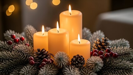 Four lit candles surrounded by evergreen branches, pinecones, and red berries, creating a warm, festive ambiance.