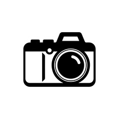 Simple black photo camera icon in a flat minimalist style A frontfacing graphic silhouette with a stylized lens and viewfinder.