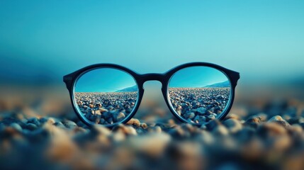 Round glasses reflecting beach scene on pebble surface.