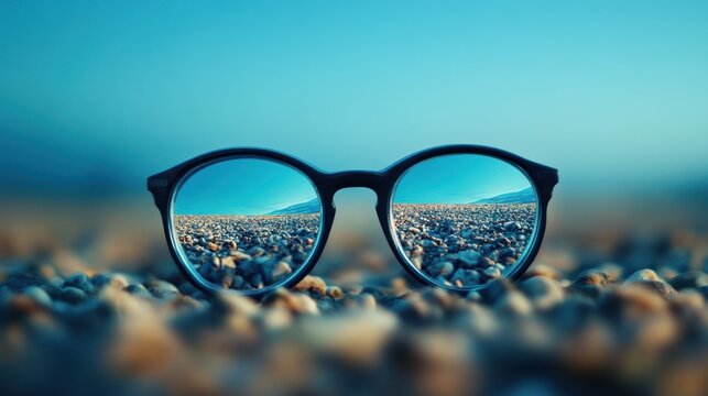 Round glasses reflecting beach scene on pebble surface.