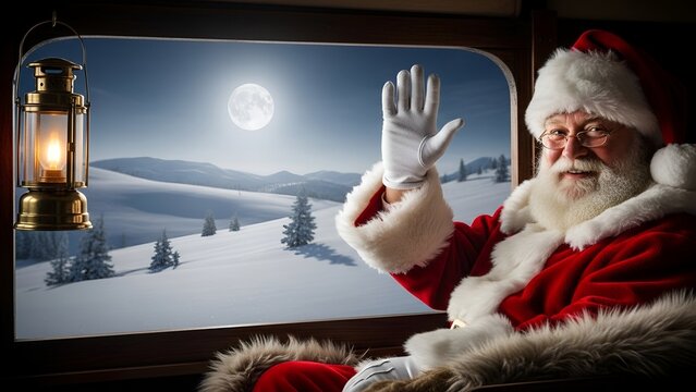 Santa Claus waves from a train window at the full moon over a snowy winter landscape, with a lantern casting light inside the carriage. - Powered by Adobe
