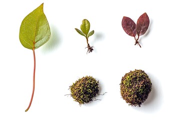 Various Green and Red Leaves with Roots and Moss on White Background for Nature Lovers