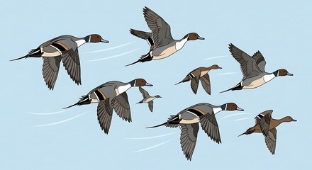 A flock of ducks in flight against a light blue sky